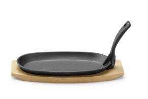 Cast iron platter with wooden underliner and gripper, HENDI, Black, 280x140x(H)30mm
