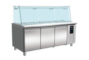 REFRIGERATED COUNTER WITH GLASS COVER 3 DOORS  5X 1/1 GN CONTAINER