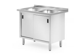 Table with 2 sinks, cabinet – welded, with sliding doors, HENDI, Profi Line, 1000x600x(H)850mm